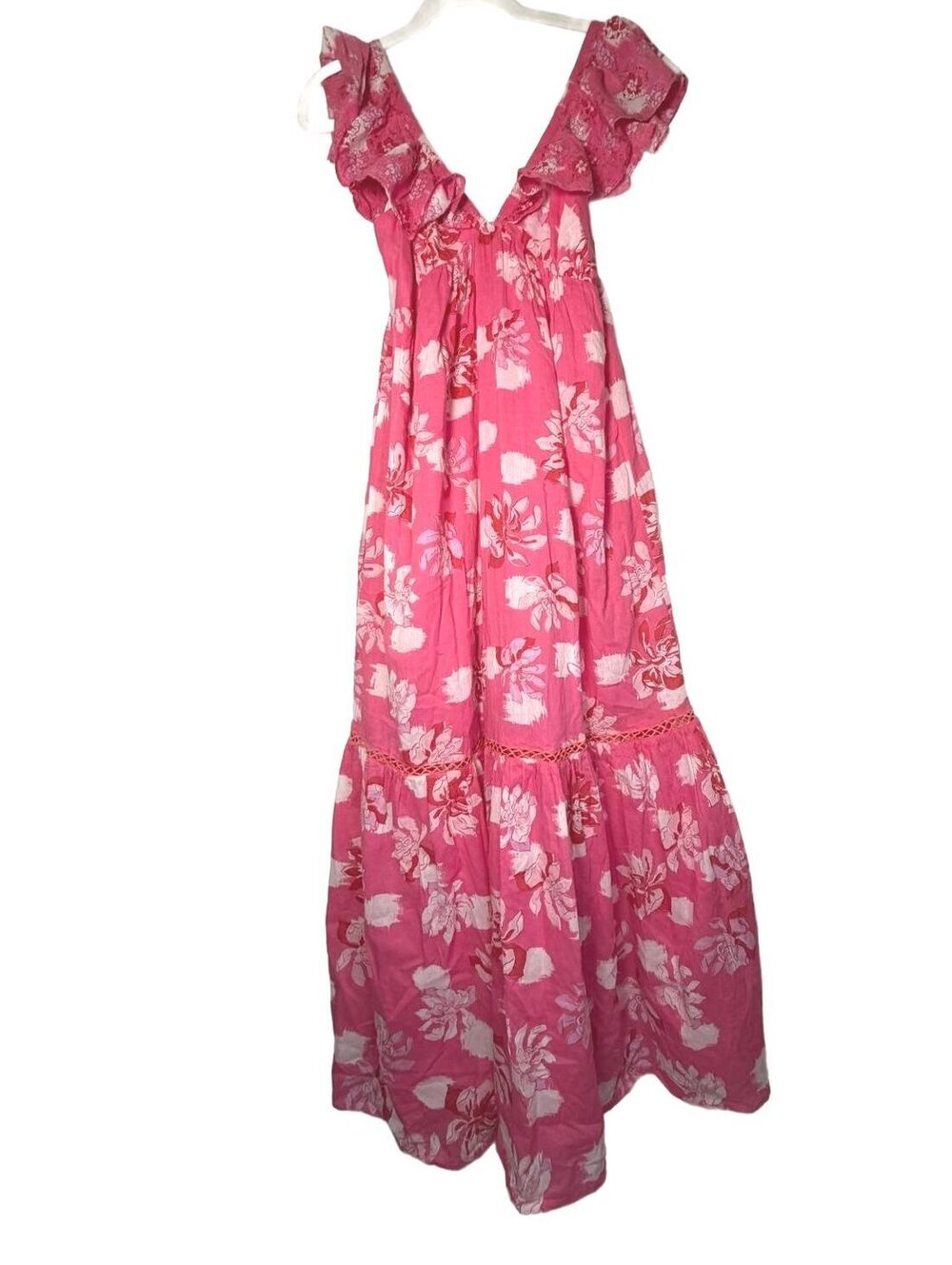 Ro’s Garden Pink Floral Ruffle Tiered Maxi Dress XS Cotton